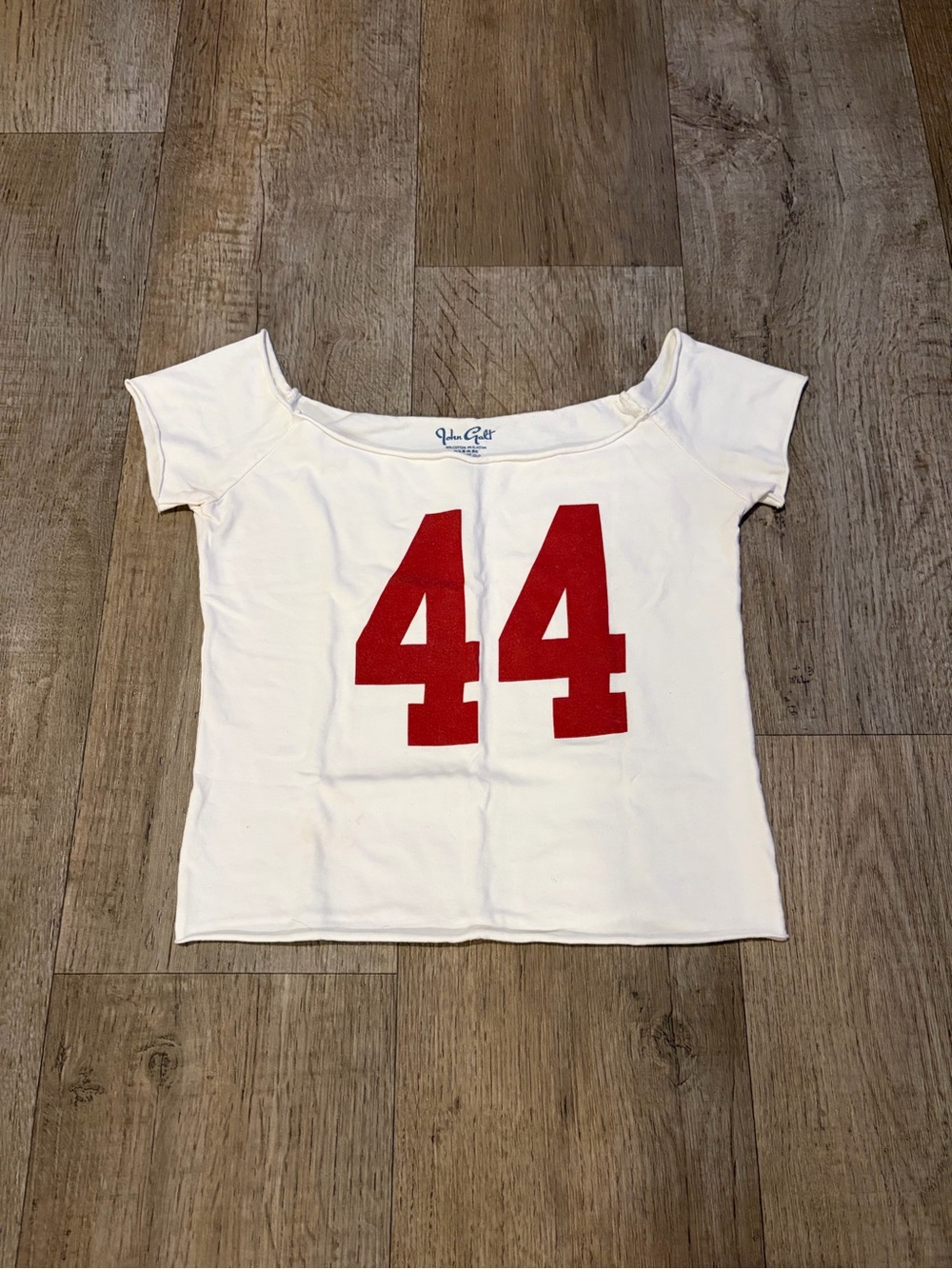 Brandy Melville White Off the Shoulder Mini Tee with Red 44 Graphic. Size XS